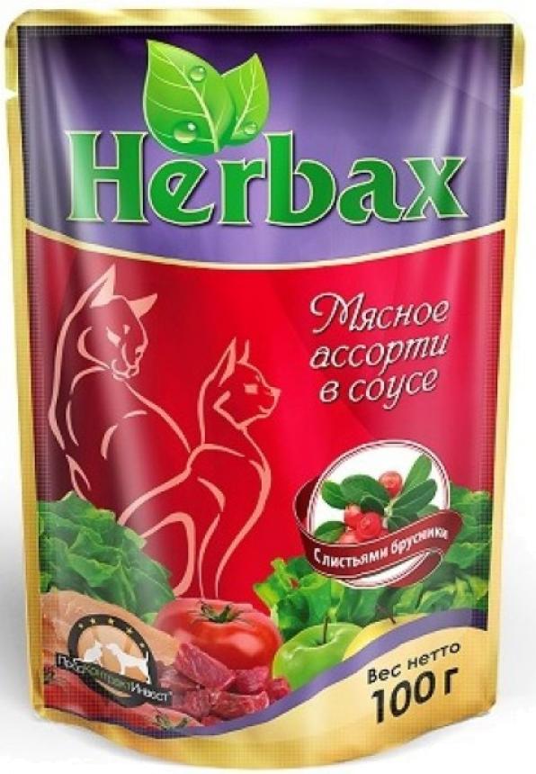 Пауч Herbax для кошек мясное ассорти в соусе с листьями брусники 100гр