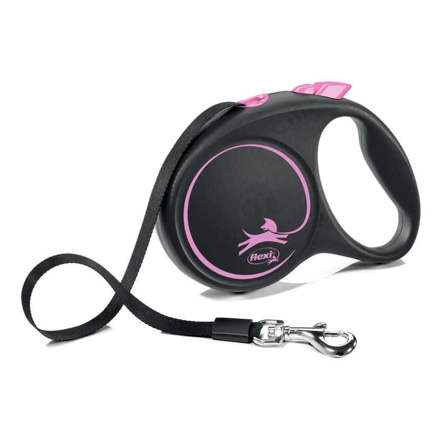 Рулетка Flexi Black Design M для собак до 25кг, 5м лента, черный/розовый