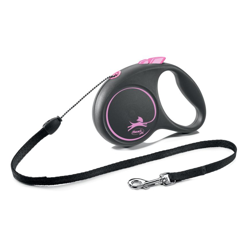 Рулетка Flexi Black Design S для собак до 12кг, 5м трос, черный/розовый