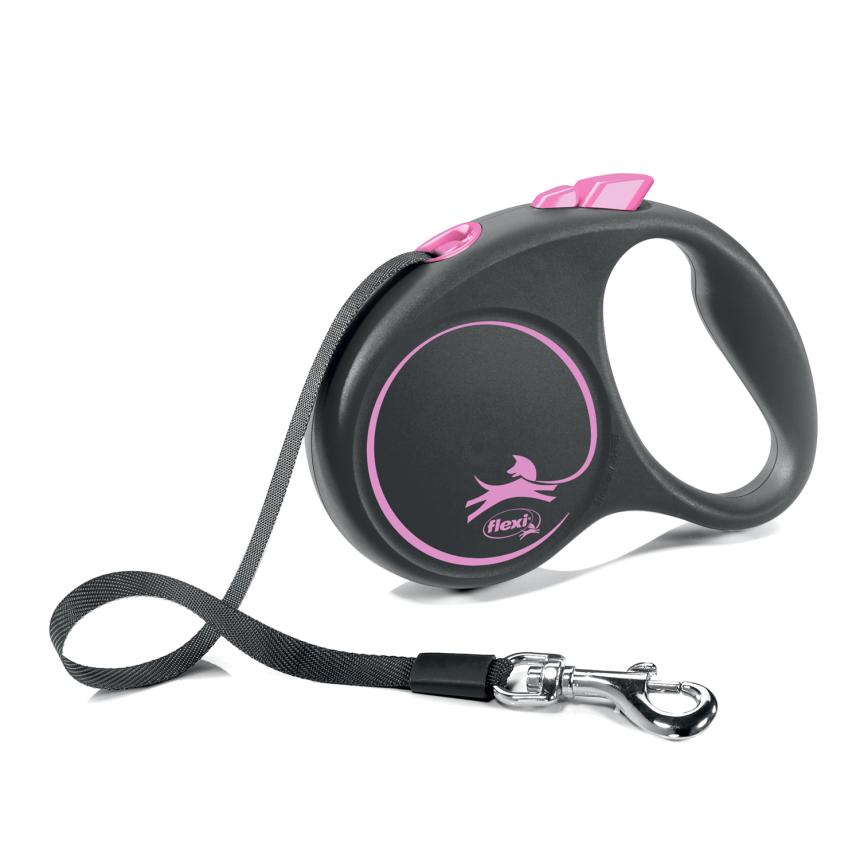 Рулетка Flexi Black Design S для собак до 15кг, 5м лента, черный/розовый