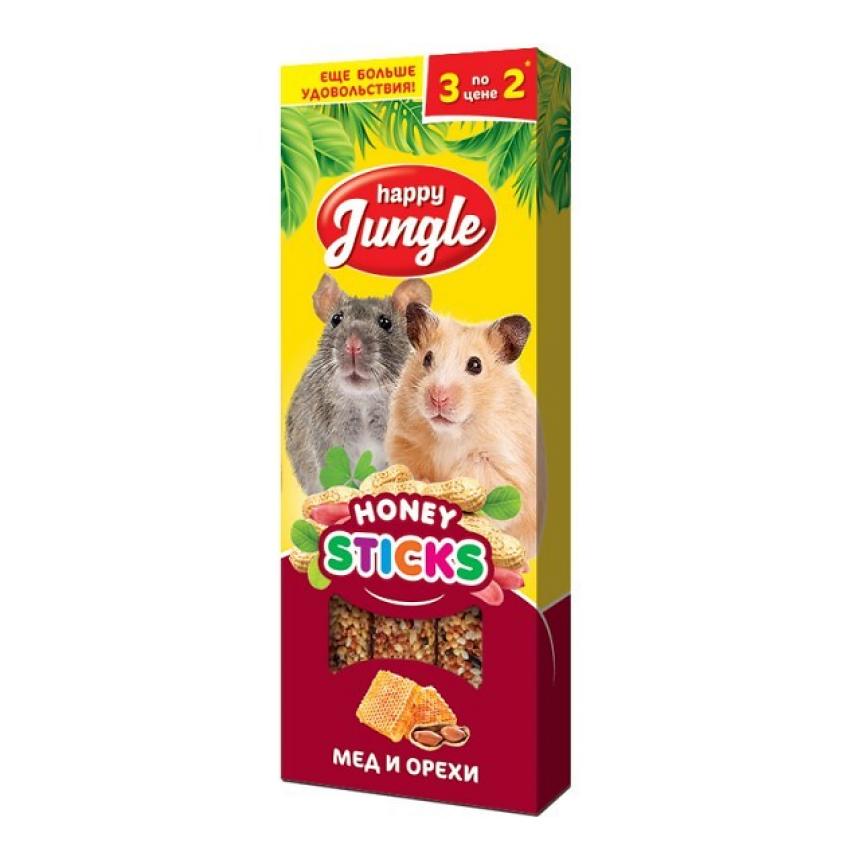 Лакомство-палочки Happy Jungle для мелких грызунов, мед и орехи 3шт