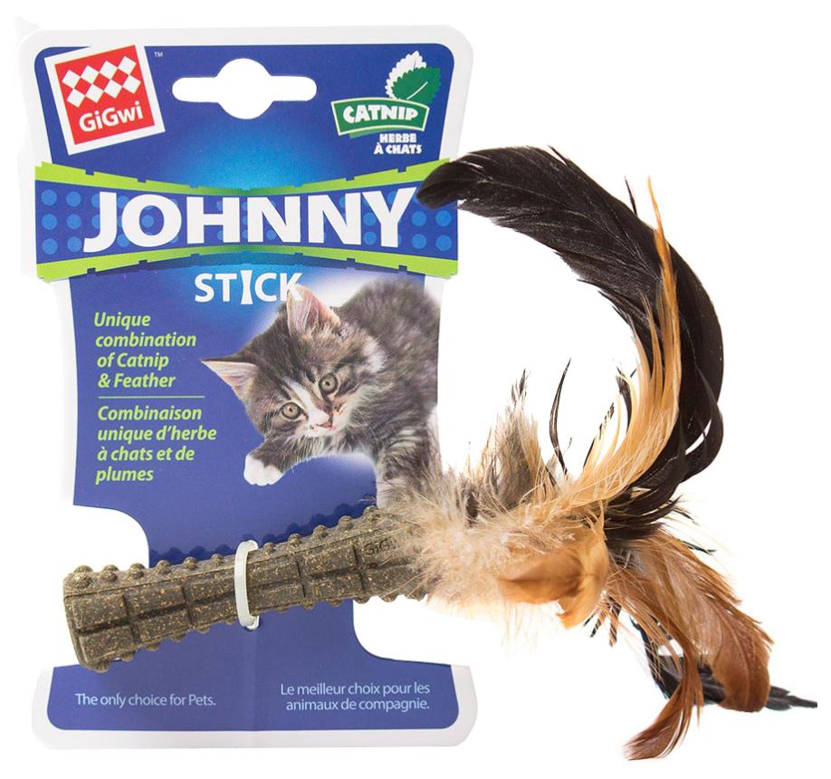 Игрушка GiGwi Jonny Stick для кошек Мята спрессованная, перья с одной стороны 8см