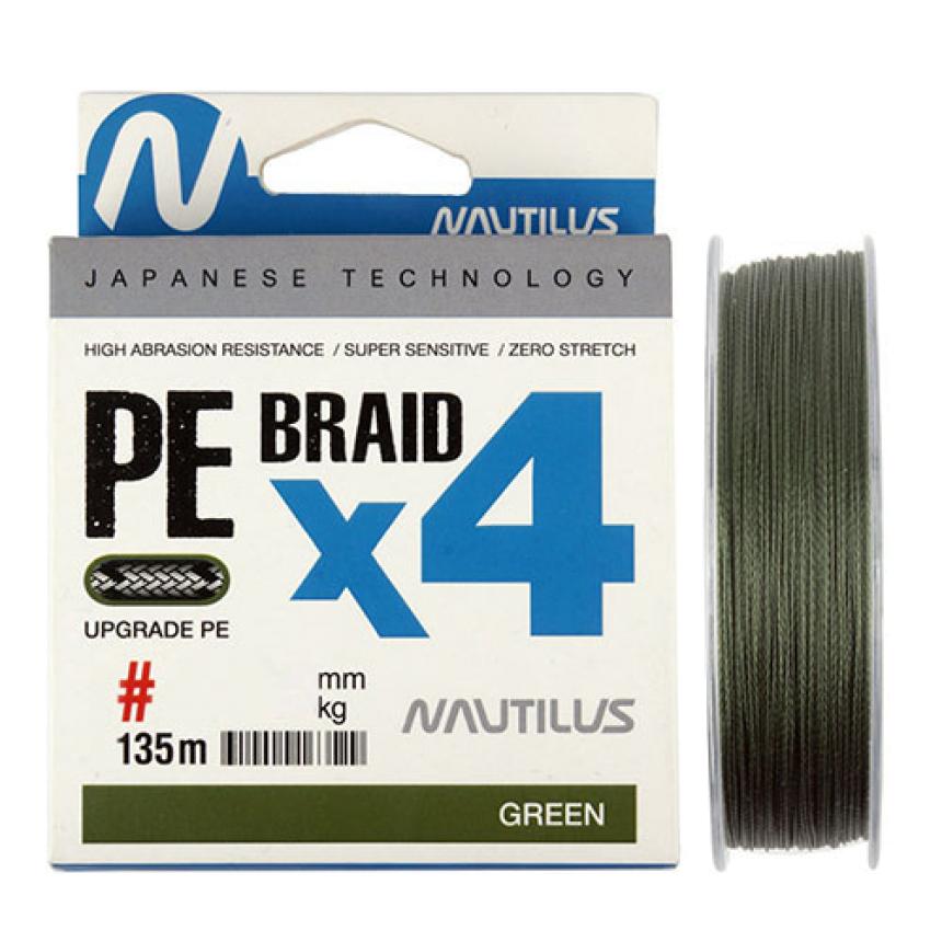 Шнур Nautilus Braid X4 135м 0,20мм Green, арт. 06-42302708 – купить по цене 448.00 рублей в Москве с доставкой по России в рыболовном интернет-магазине Spinningline